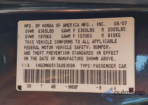 2007 Honda Accord 3.0 Ex from USA, damaged, VIN 1HGCM66517A093558